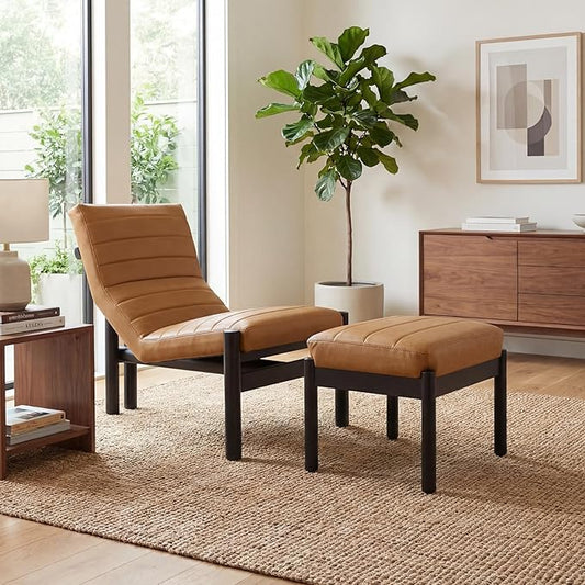 Upholstered PU Leather Accent Chair and Ottoman Set Modern Living Room Chair with Reclining Backrest and Footstool Small Reading Chairs for Living Room Bedroom Brown