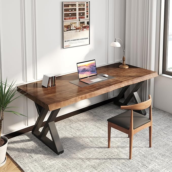 Solid Wood Desk 55 inches Home Office Computer Desk Wooden Rustic Writing Desk Metal Modern Simple Design Executive Real Wood Desk(Rustic Brown)