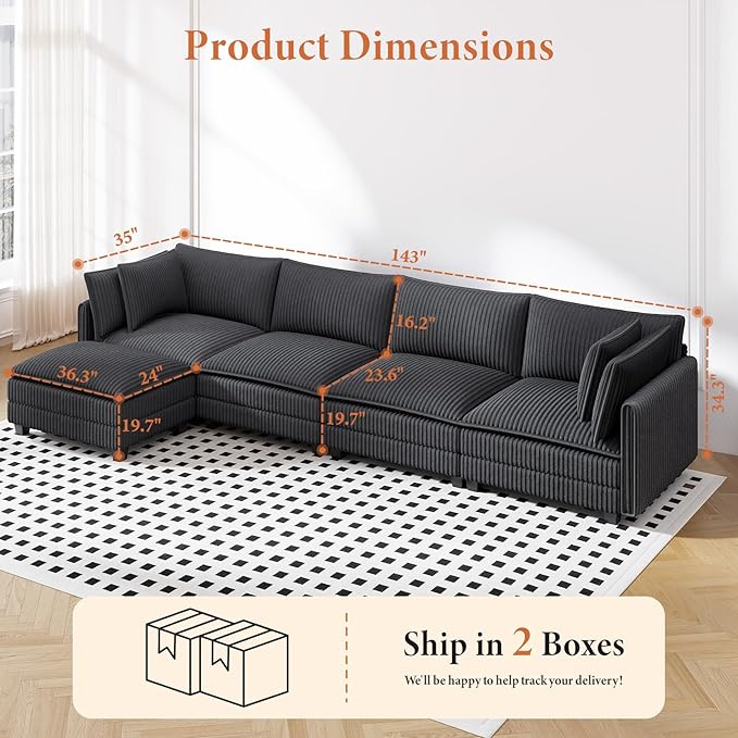Vesgantti Sectional Sofa Comfy Corduroy Couches for Living Room Modern Couch with Ottoman Grey