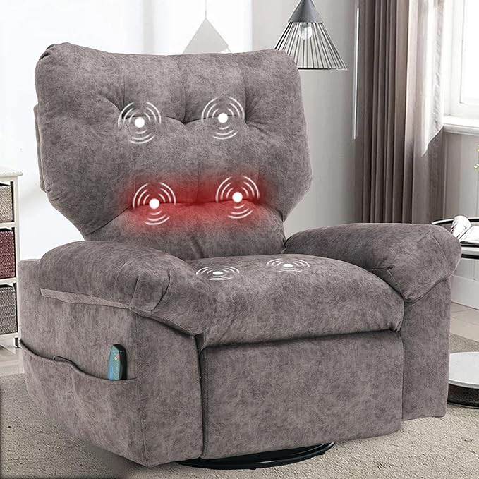 Rocker Recliner Chair for Adults Soft Lazy Boy Recliner Chair with Heat&amp Adjustable Backrest Footrest Oversized Massage Recliner Chair with Swivel and Side Pocket for Living Room Bedroom (Grey)