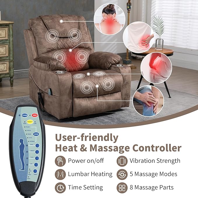 Large Power Lift Recliner Chair with Massage and Heat for Elderly Big and Tall People Dual Motor 180° Lay Flat Overstuffed Wide Velvet Recliners with 2 Cup Holders Side Pocket
