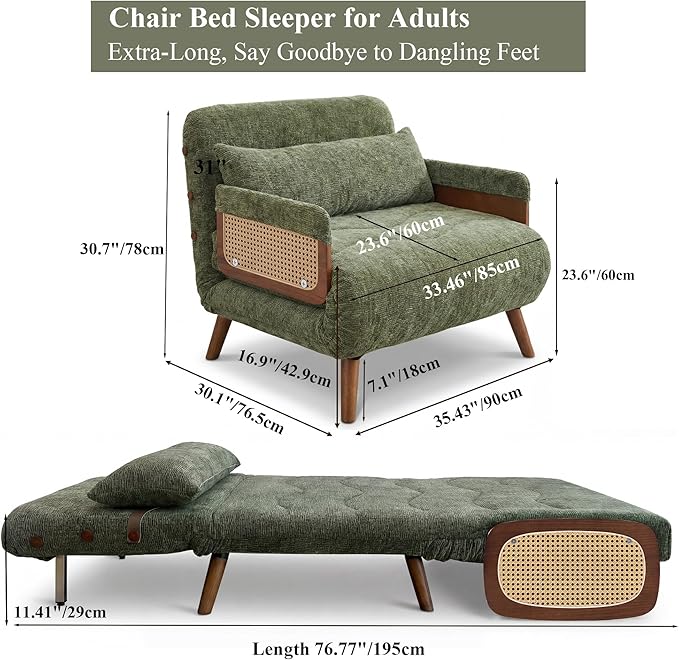 Green Chair Bed Sleeper for Adults Foldable Large Single Sofa Bed 400g Chenille Velvet Fabric Suitable for Living Rooms Bedrooms Study Rooms and Balcony Compact Spaces (Width 43 inches) | Extend