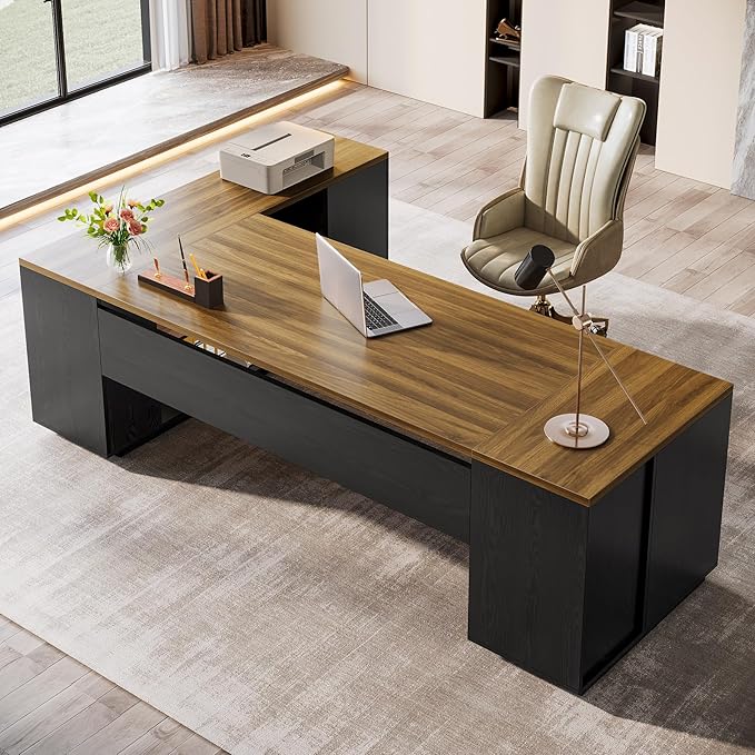 Tribesigns 85.8-Inch L-Shaped Executive Office Desk with File Drawers &amp Storage Cabinet Professional Corner Computer Desk Extra Large Business Workstation with Adjustable Shelves (Brown&ampBlack