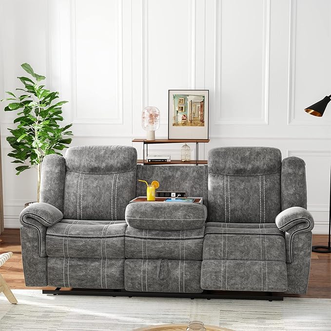 Acme Furniture Zubaida 41 x 87 Modern Velvet Reclining Sofa with USB Dock 1 Storage Drawer Tight Back &amp Seat Cushion in 2-Tone Gray Finish
