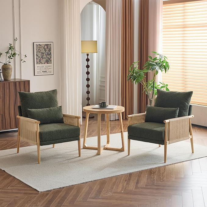 Karl home Cozy Chenille Accent Chair with Lumbar Pillow &amp Rattan Arms Modern Lounge Chair for Living Room Bedroom Reading Nook Green