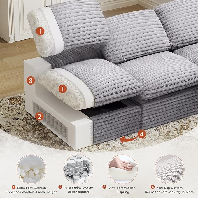 KKL 85 Sectional Modular Boneless Sofa Bed 4 Seater Cloud Couch with Ottoman Corduroy Sectional Couches for Living Room Bedroom Grey