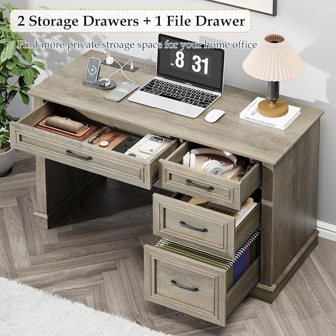 Vabches Farmhouse 47 Executive Desk Computer Desk with Drawers and File Drawer Workstation Computer Desk with Charging Station for Home OfficeStudy（Dark Grey