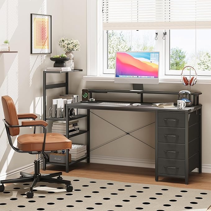 59 Inch Gaming Desk with Power Outlet and LED Lights Computer Desk with 4 Drawers &amp Storage Shelves Reversible Home Office Desk with Monitor Stand for Small Space Bedroom Carbon Fiber Black
