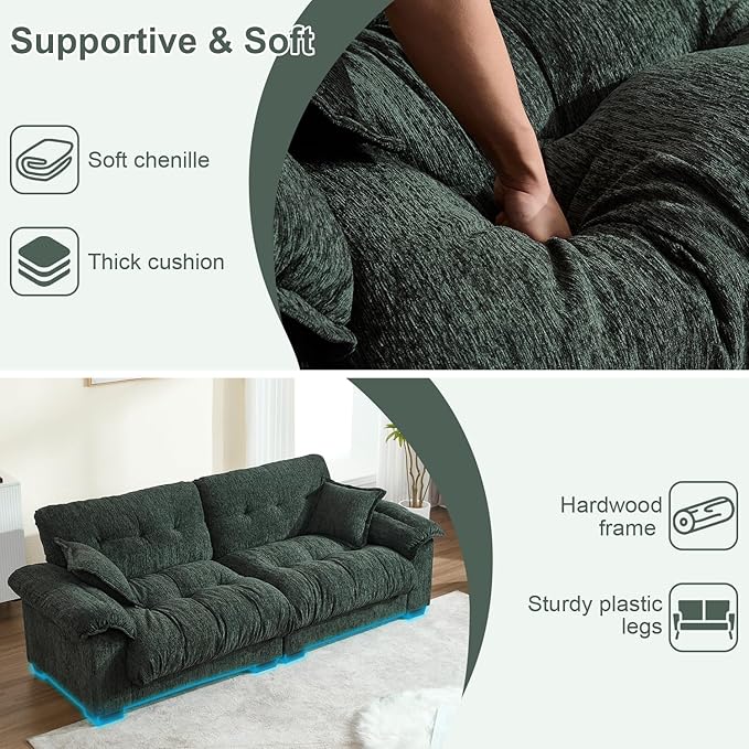 90.5 Modular Cloud Sofa 2 Seater Couch Oversized Loveseat with Armrest Pillow Comfy Tufted Couch Deep Seat Love Seats for Living Room Apartment Small Space- Green