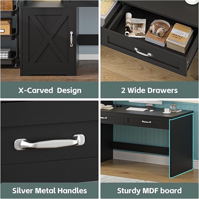 60 Computer Desk with 2 Drawer &amp Bookshelves Home Office Desk with Storage Cabinet &amp Spacious Desktop Writing Gaming Study Table with Bookcase Black