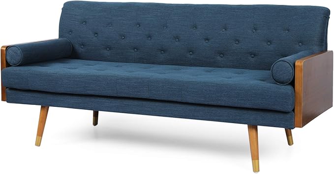 GDFStudio Mid-Century Modern Tufted Fabric Sofa Navy Blue and Dark Walnut