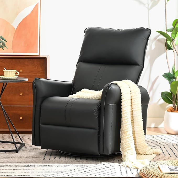 Swivel Rocker Recliner Chair Upholstered 360° Fabric Leather Glider Rocker Chair for Nursery Manual Small Recliners for Small Spaces Living Room Weight Capacity 300lbs