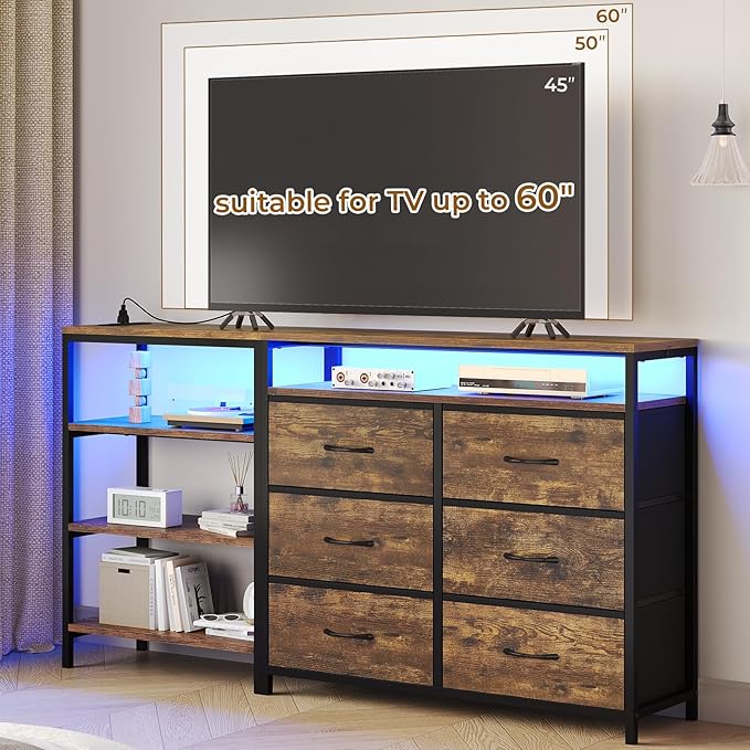 BTHFST TV Stand for Bedroom with Charging Station and LED Lights Entertainment Center for 60 Inch TV with 6 Fabric Drawers TV Console with Open Shelf for Living Room Rustic Brown