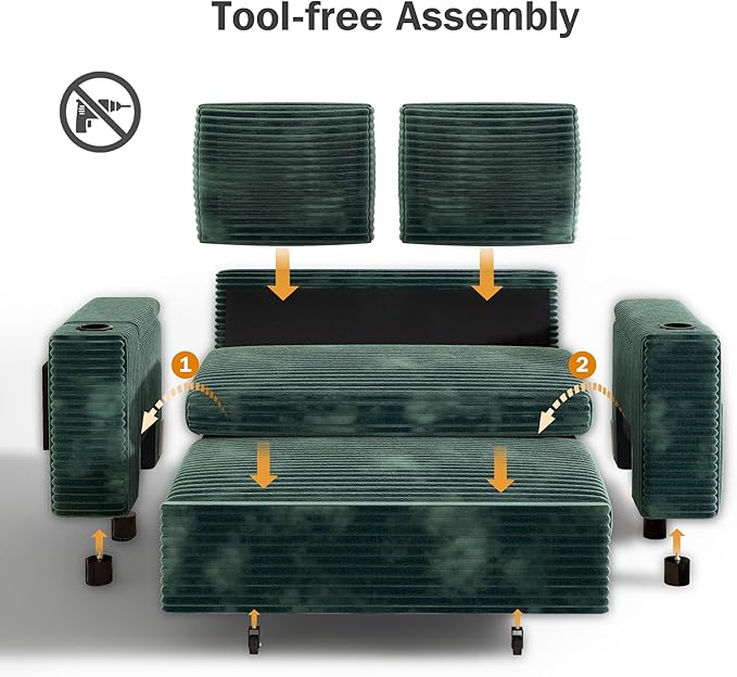 Vipbear 65 Loveseat Sleeper Sofa with Pull Out Bed Plush Corduroy 3-in-1 Convertible Sofa Bed with Reclining Backrest|USB Ports|Cup Holders|Side Table|Storage Armrests Tool Free Assembly Green