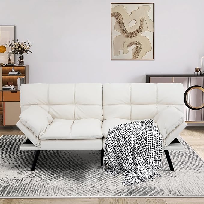 MUUEGM Futon Couch with 71 Adjustable High Density Memory Foam Futon Sofa Bed Modern Design Sofa Bed for Living Room Sleeping and Relaxing(Leather White)
