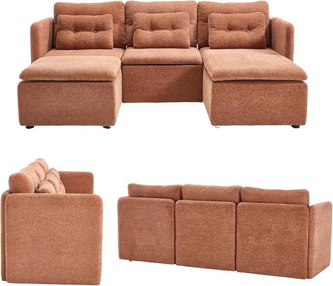 DUOMAY Modern Chenille Convertible Sectional Sofa 82.5 Wide Modular Couch with Deep Seat Upholstered U-Shaped Lounge Sofa with 2 Ottomans for Living Room Bedroom Brown
