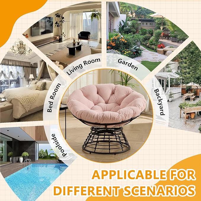 36” Papasan Chair with Cushion and Frame Oversized Papasan Chairs 360° Swivel Olefin Adjustable Feet Suitable for Living Room Patio Bedroom Indoor/Outdoor (Pink)