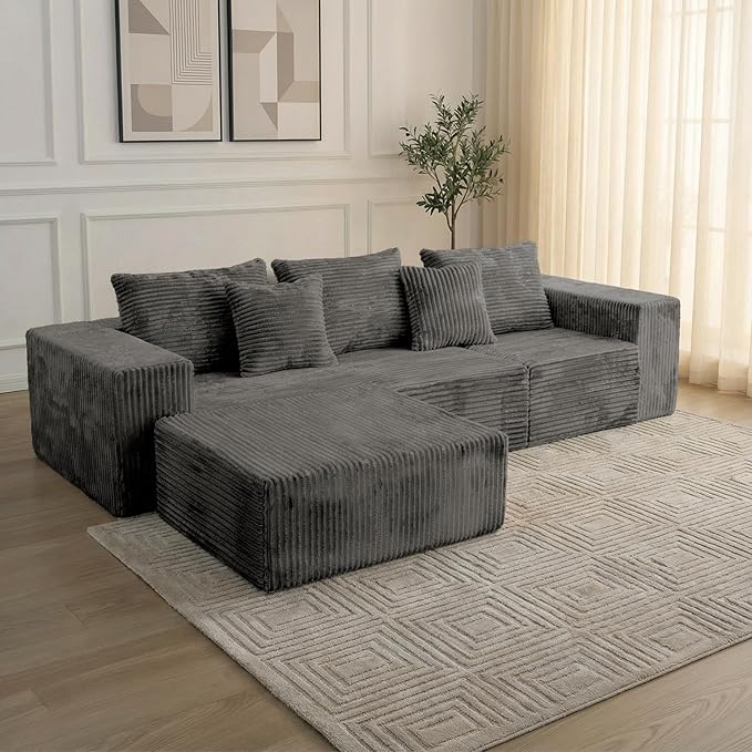 Sytopia 109 L-Shaped Cloud Couch Modular Sectional Sofa with Deep Seat for Living Room Bedroom Modern Floor Couch Corduroy Comfy Sleeper Futon Sofa Bed 40D Foam Furniture Left Facing
