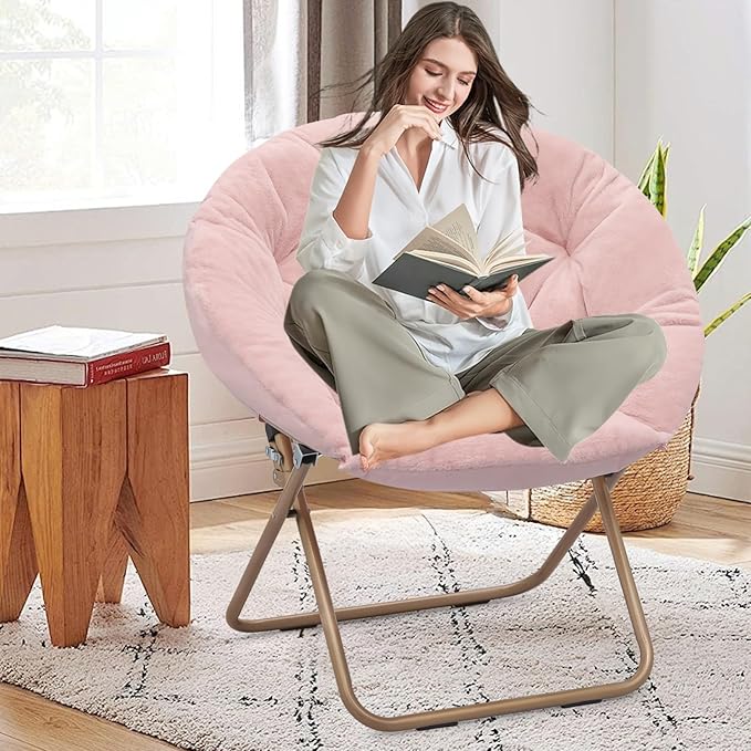 Round Comfy Saucer Chair Metal Frame Cozy Lounge Lazy Chair Folding Faux Fur Saucer Chair for Adults Foldable Papasan Moon Chair for Bedroom Living Room Dorm (Pink Seat/Gold Stand)