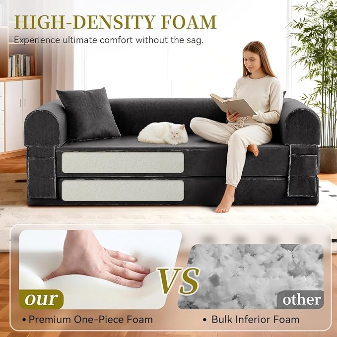 4-in-1 Folding Convertible Sofa Bed 78 Inch Faux Leather Boneless Couch Loveseat Sleeper with Pull Out Bed Floor Sofa Modular Futon Teddy Sofa for Living Room Bedroom Lounge Gray