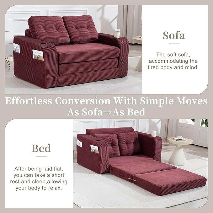 53'' Folding Sofa Bed Boneless Loveseat Sleeper Sofa 2 in 1 Convertible Foldable Pull Out Sofa Bed with Pillows Comfy Cloud Floor Couch for Living Room Small Space No Assembly(Wine Red)