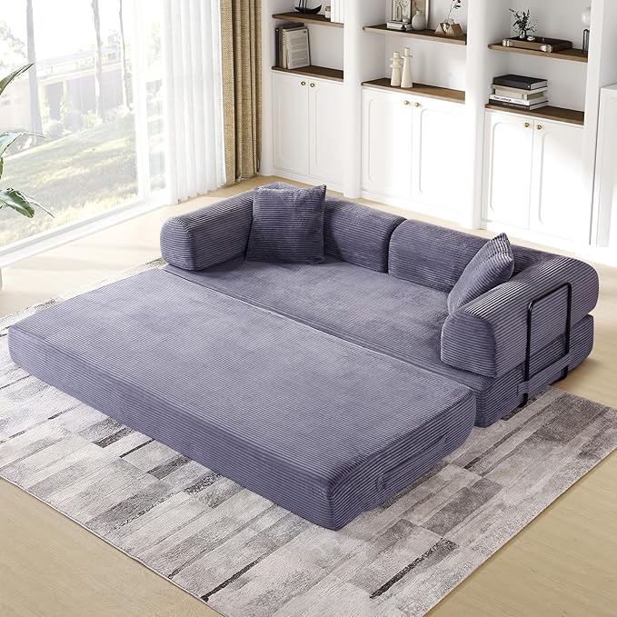 Convertible Folding Sofa Bed Corduroy Sleeper Mattress Couch with Fixed-Shape Frame Free Combination Loveseat Lounge Floor Sofa Queen Size Memory Foam Couch for Living Room Bedroom Ash Grey