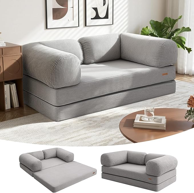 COMAX Futon Sofa Bed 4-in-1 Floor Foldable Sofa Couch Bed with L-Shaped Armrests Convertible Folding Chair Bed Sleeper Mattress Fold Out Lounge for Living Room Bedroom Light Grey