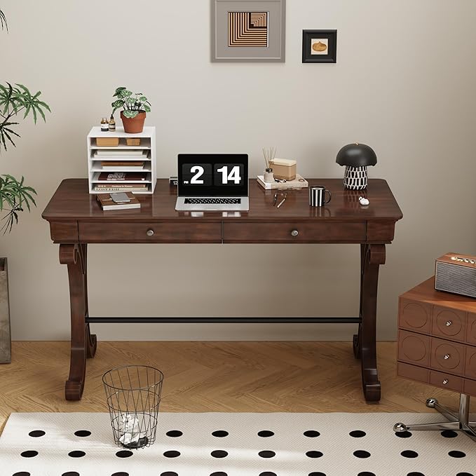 Farmhouse Oak Laptop Desk Home Office Desks with 2 Storage Drawers 47.2 Large Work Desk with Curved Legs Secretary Desk for Home Office Easy Assembly Vanity Desk Study Table Station SSZD0036