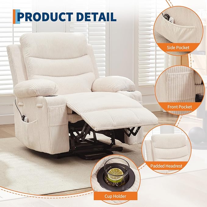 Garvee Power Lift Recliner Chair Oversized Electric Recliners for Elderly With Heat and Massage Home Theater Seat With 2 Cup Holders Side Electric Glider Reclining Single Sofa Chair for Living Room