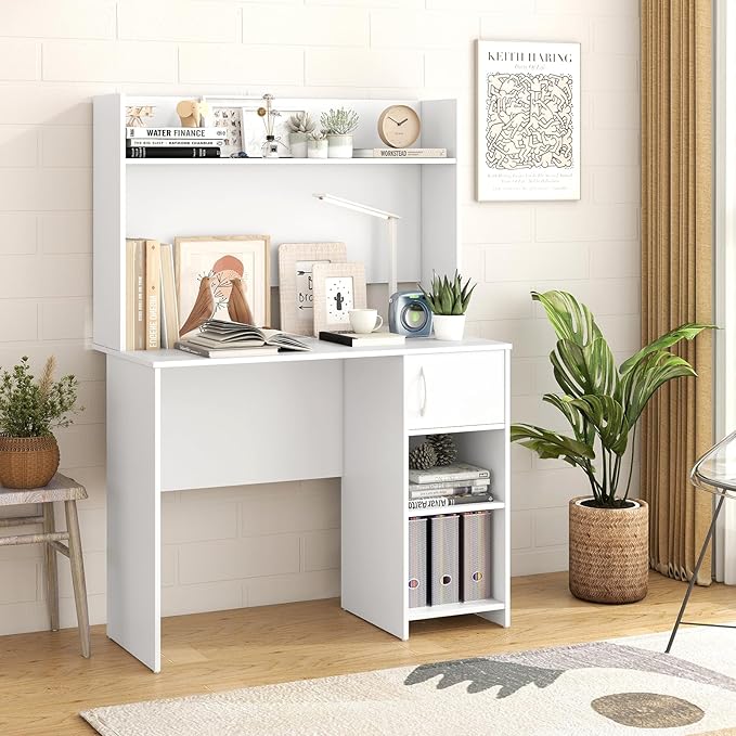Tangkula Computer Desk with Hutch Home Office Desk with Raised Display Shelf &amp 2 Open Shelves Cabinet with Door Cable Management Holes Modern Laptop PC Desk Study Writing Desk for Bedroom