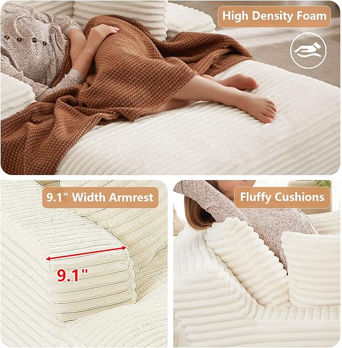 49.2 Oversized Chaise Lounge Chair IndoorCorduroy Boneless Reading Chair with 3 PillowsDeep Seat Cloud Sofa BedComfy Modern Sleeper Chairs in Box for Living Room BedroomNo Assembly(White)