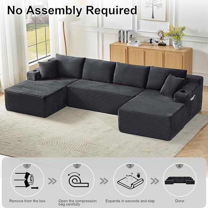 134 Inch U-Shaped Sectional Couch Oversized Modular Corduroy Sofa with 2 Chasies 4-Seater Modern Deep Seat Boneless Cloud Couch for Living Room No Assembly Required Dark Gray