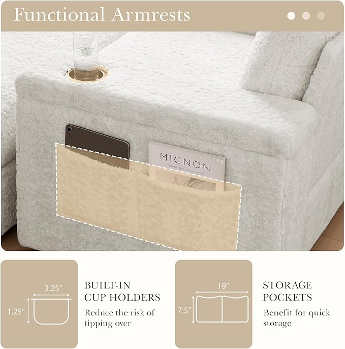 P PURLOVE Oversized Chaise Lounge Chair Indoor with Storage and OttomanSleeper Chair with Cup Holder and Storage ArmrestReclining Chair for Living RoomBedroomOffice