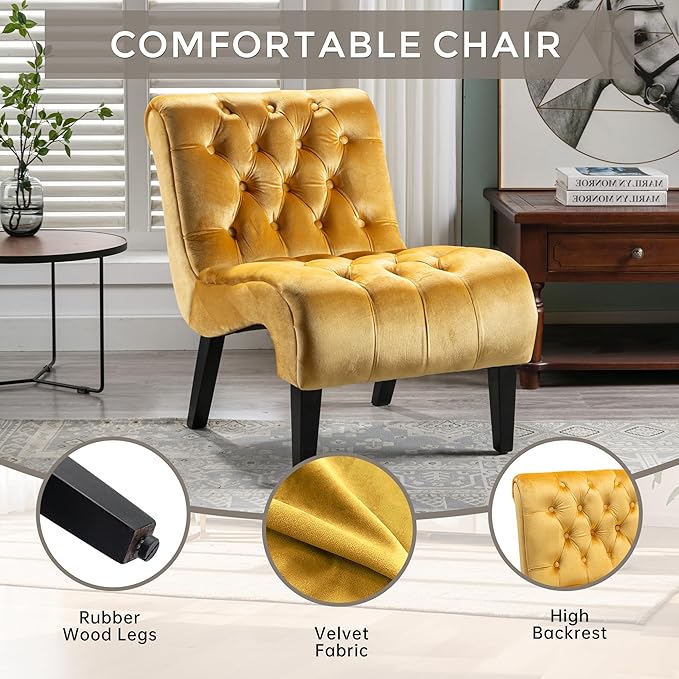 Yoluckea Modern Upholstered Accent Chair S-Shape Armless Lounge Chair for Bedroom Living Room Comfy Velvet Chaise Chairs with Button Tufted Back and Solid Wood Legs Mustard Yellow