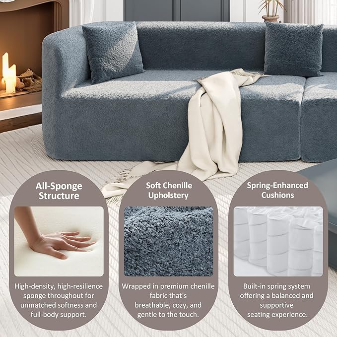 132 Modern Sectional Sofa with Curved Design 2-Piece Chenille Modular Couch with 4 Pillows Plush Sponge &amp Spring Cushion Large Sponge Modular Sofa for Living Room (Dark Blue#56)