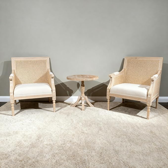French Accent Chair(Singel) Upholstered Armchair with Vintage Rattan Hollow-Out Back and Solid Rubberwood FrameReading Chair for Living Room Bedroom Farmhouse Balcony Home Office Beige