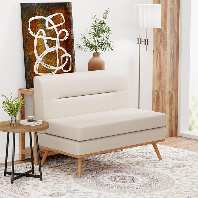 Aklaus Upholstered Small LoveseatFaux Leather Modern Mini Sofa Couch Love Seat Armless Settee Bench with Back for Living Room Bedroom Office Small Space Entryway Beige
