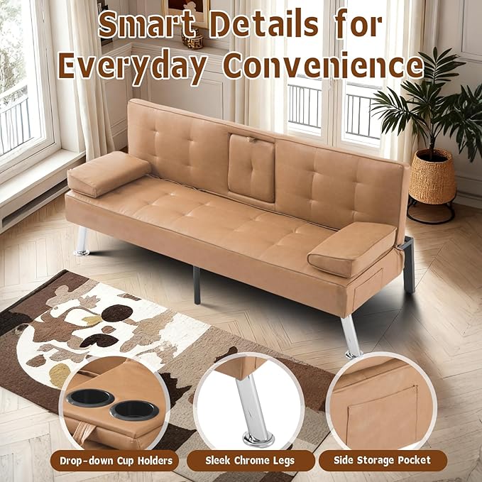 Anwick Convertible Folding Futon Sofa BedModern PU Leather Sleeper Love Seat with 3 Reclining Backrest &amp Cup Holders67 Comfy Sofa Couches for Living Room Small Home Office (Brown)