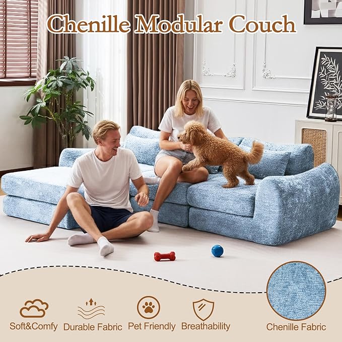 105” Modular Sectional Sofa Convertible Sofa BedTransforms into Single or Double Sofa Chenille Fabric Cloud SofaModern Soft Boneless Comfort No Assembly Required Blue