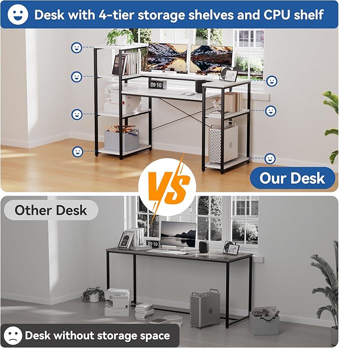 Computer Desk with Storage Shelves 63 Inch Teen Desk with Bookshelf Home Office Desk for Study Writing PC Work Gaming White