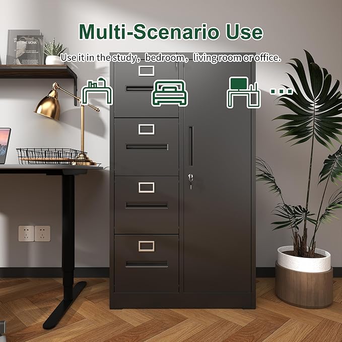 4 Drawer Small Metal Vertical File Cabinet with Lock Under Desk Locking Storage Drawers Organizer Filing Cabinets for Home OfficeBlack