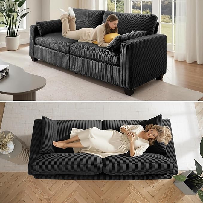 Modern Loveseat Sofa for Living Room Removable Cover Spring Cushions Solid Wood Frame Wide Armrest Corduroy Fabric Recliner Couches for Small Space (Black Corduroy 81 inch)