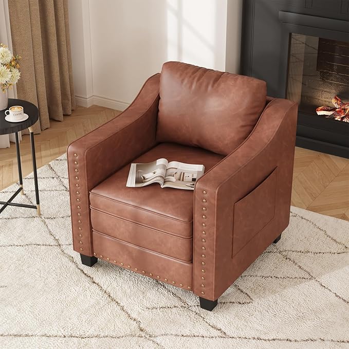 Mid Century Modern Accent Chair 30 Inches PU Leather Armchairs Barrel Chair Living Room Chairs Club Chair with Cushion Reading Chair for Bedroom Apartment Reading Room Brown