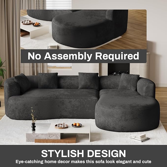 Oversized Sectional Sofa with Right Chaise for Living Room 111 Modern Curved L Shape Cloud Couch with Extra Deep Seat Modern Luxury Chenille 4 Seater No Assembly Required Black