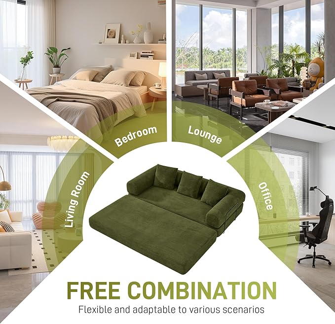 Convertible Sofa Bed Corduroy Memory Foam Compression Sofa Modular Floor Sofa with Pull-Out Bed Compressed Couch in Box Folding Sleeper Couches Bed for Living Room Bedroom Lounge Olive Green