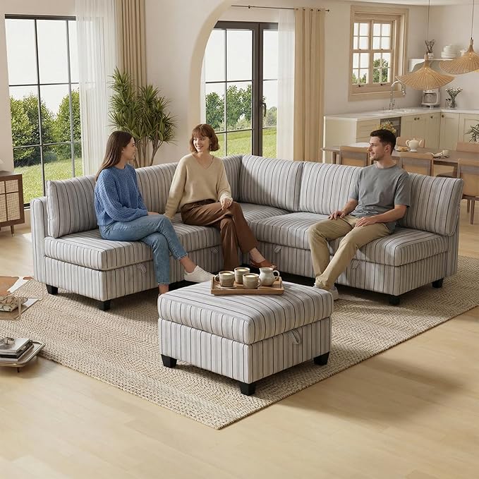 6 Seat Modular Sectional Sofa with Storage Convertible Sectional Couch Modular Sofa with Chaise Living Room Furniture Sets U Shaped Couch with Ottoman Couches for Living Room Blue Stripe