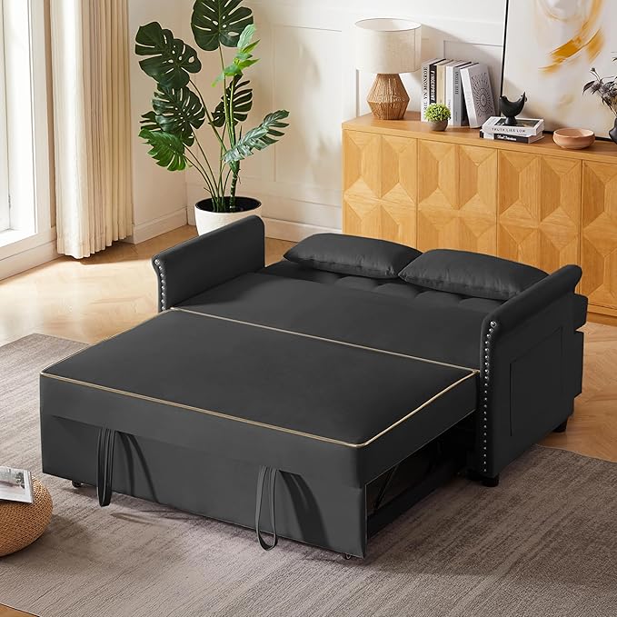 57'' Convertible Sleeper Sofa Bed with Adjustable Backrest Chaise Lounge 2 Pillows &amp Side Storage Pockets – Stylish &amp Functional Furniture for Living Room or Small Spaces (Black Sofa Bed)