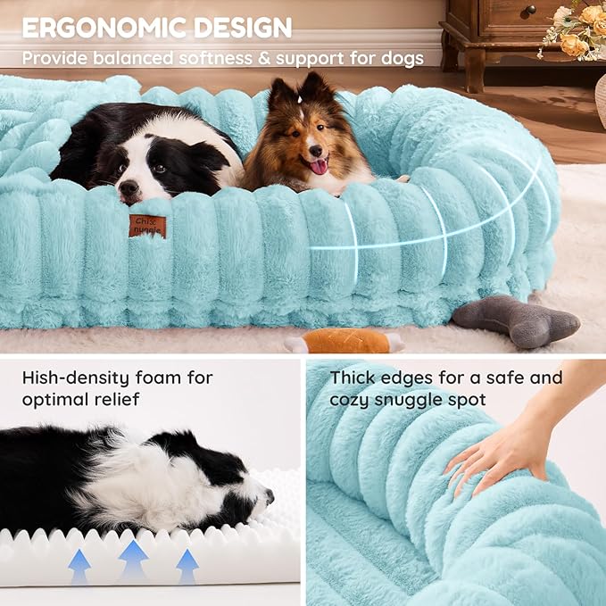 Human Dog Bed for Adult - Luxury Striped Faux Fur Giant Dog Bed with Portable Handle Egg Orthopedic Foam Pad with Thick Blanket 72x40x10 Blue