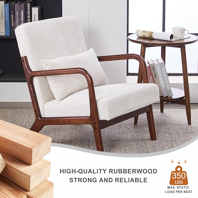 JOYBASE Mid Century Modern Accent Chair Lounge Reading Armchair with Wood Frame for Living Room Office Bedroom (Polyester Fabric Antique Beige)