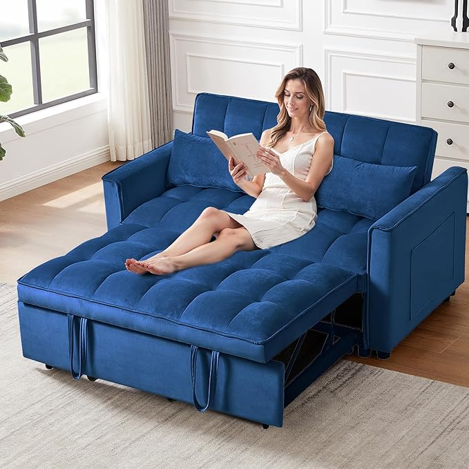 3 in 1 Pull Out Couch Bed Convertible Futon Sofa Bed Velvet Sleeper Loveseat for Small Living Room Adjustable Backrest Comfy Pillows Side Pocket (Blue)